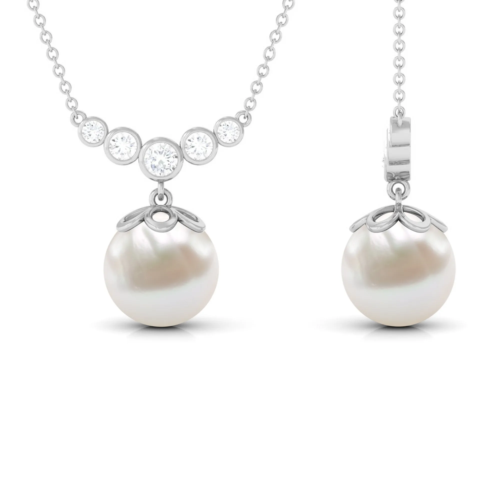 Round Freshwater Pearl Designer Necklace with Bezel Set Diamond