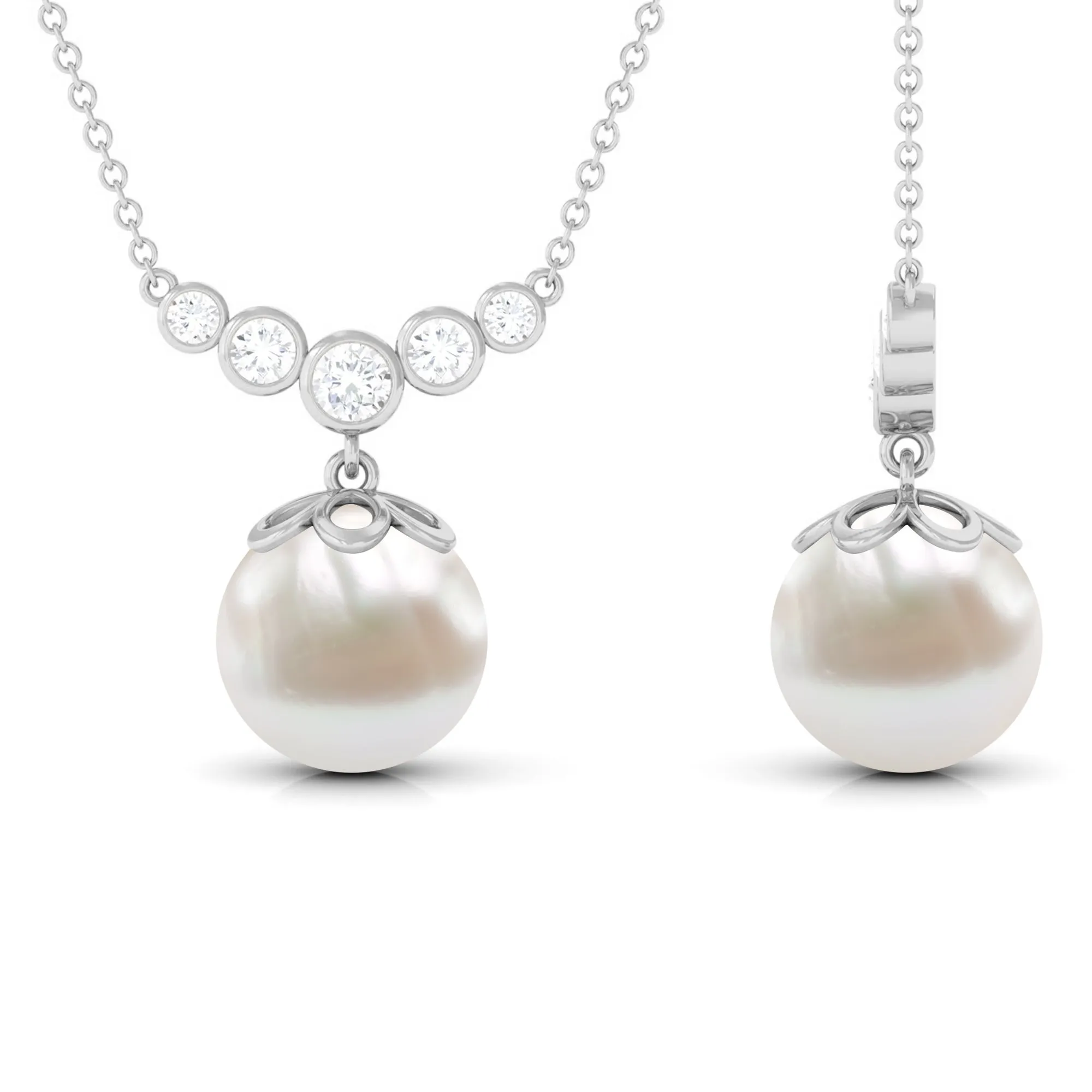 Round Freshwater Pearl Designer Necklace with Bezel Set Diamond