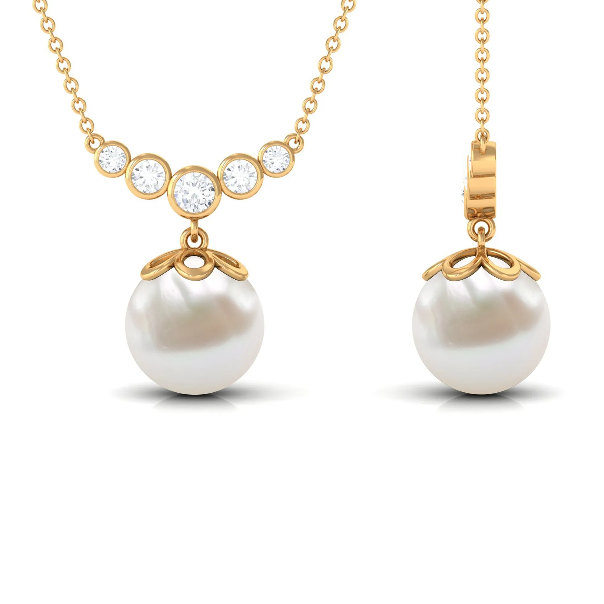 Round Freshwater Pearl Designer Necklace with Bezel Set Diamond