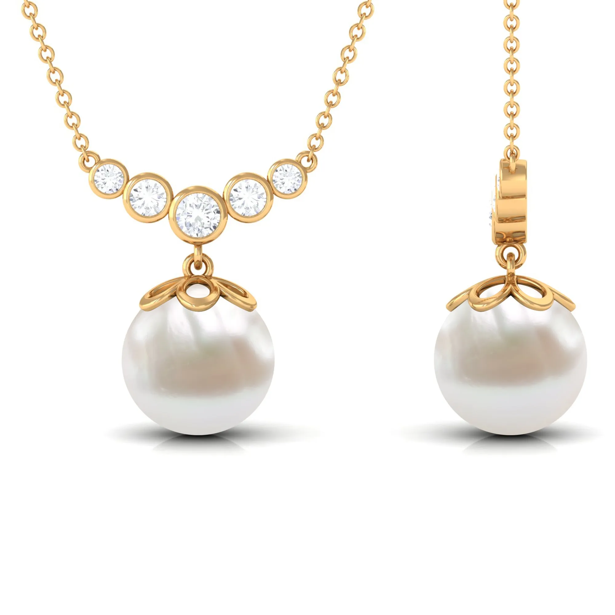 Round Freshwater Pearl Designer Necklace with Bezel Set Diamond