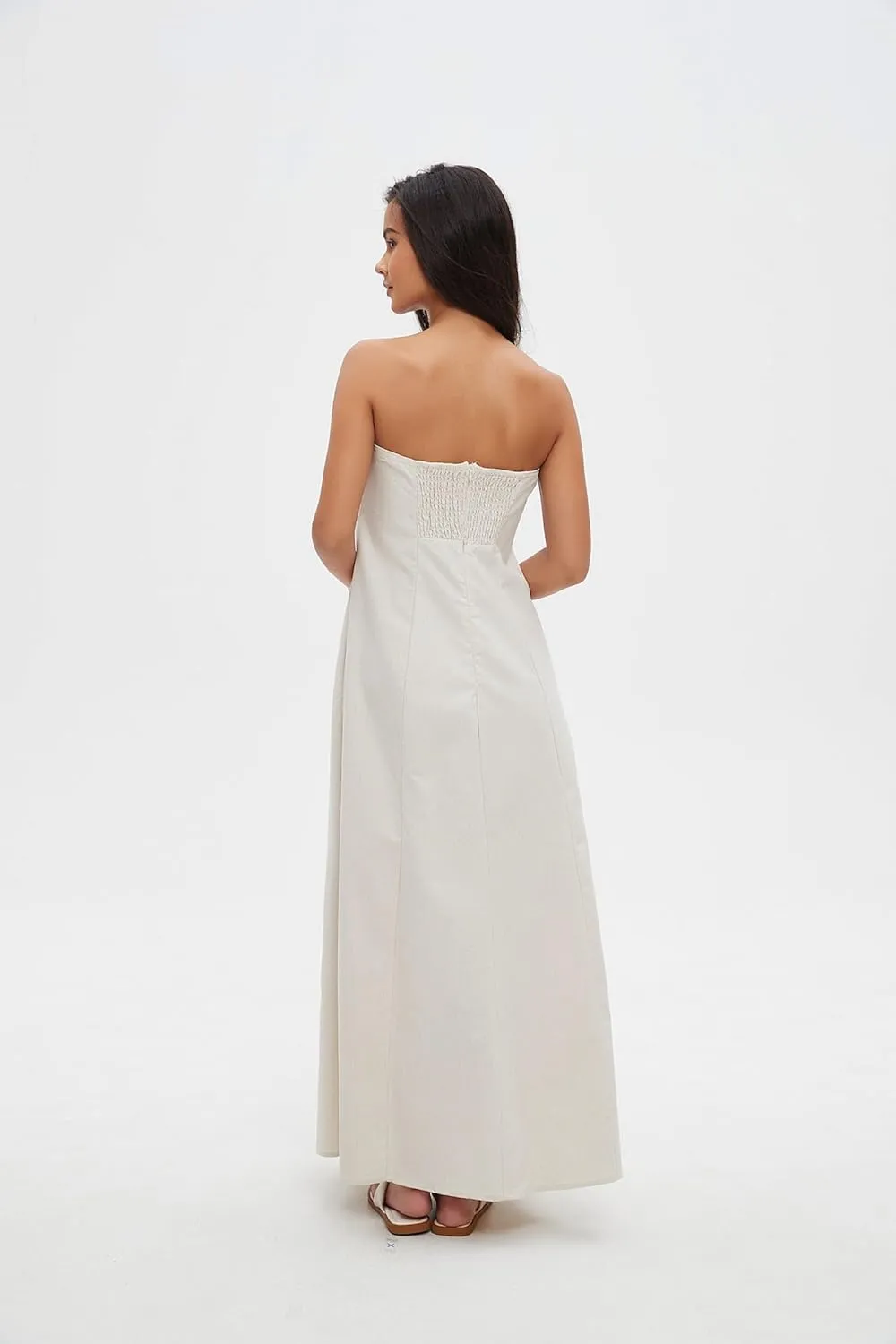 Sexy Bustier Maxi Dresses for Women  Elegant Casual Cotton Linen A-Line Strapless Dress for Vacation and Going Out