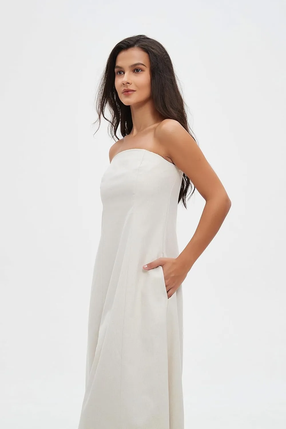 Sexy Bustier Maxi Dresses for Women  Elegant Casual Cotton Linen A-Line Strapless Dress for Vacation and Going Out