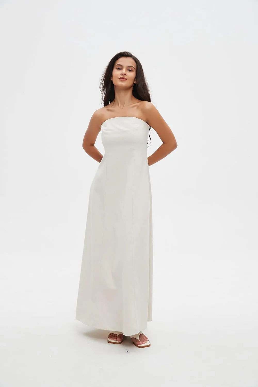 Sexy Bustier Maxi Dresses for Women  Elegant Casual Cotton Linen A-Line Strapless Dress for Vacation and Going Out