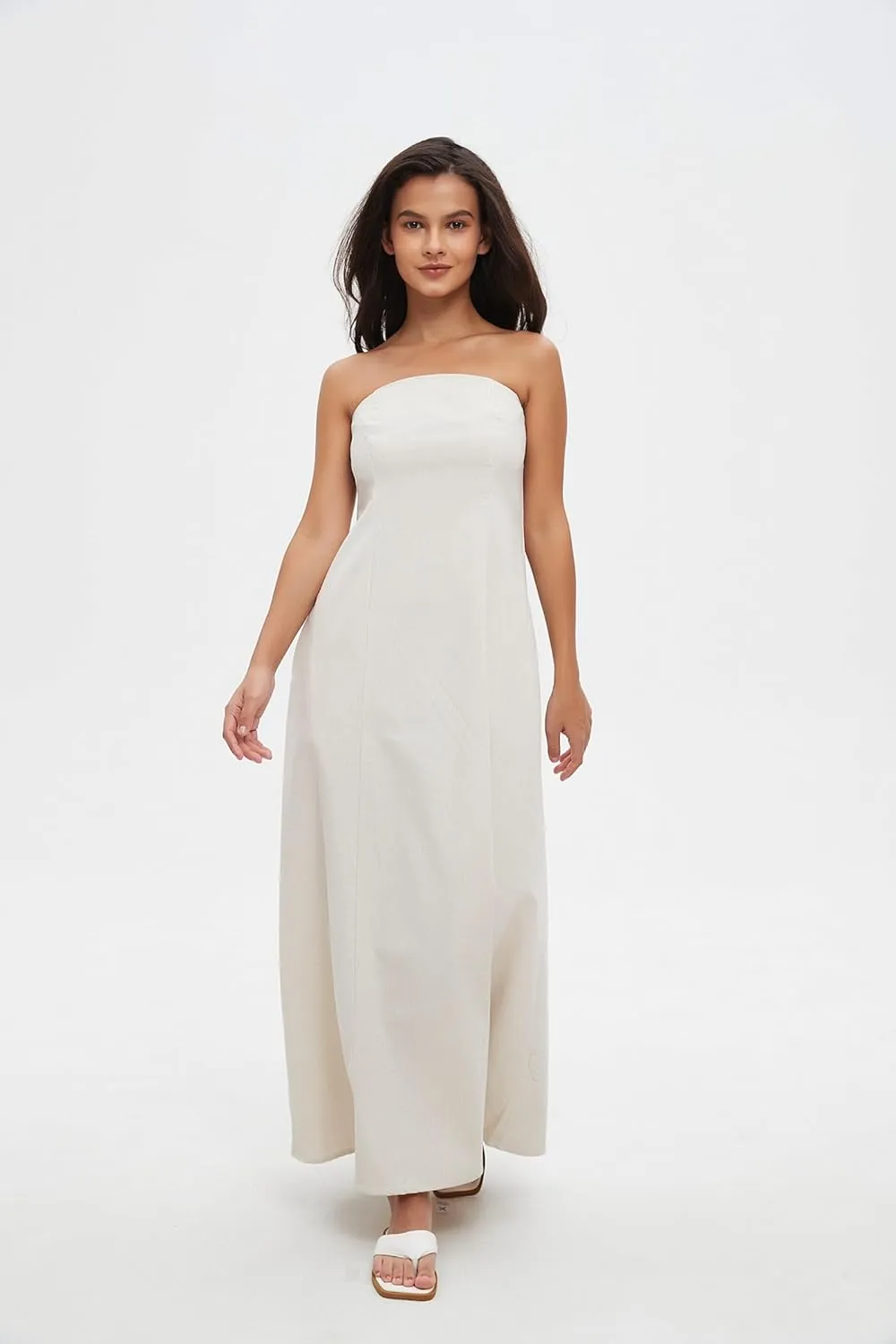 Sexy Bustier Maxi Dresses for Women  Elegant Casual Cotton Linen A-Line Strapless Dress for Vacation and Going Out