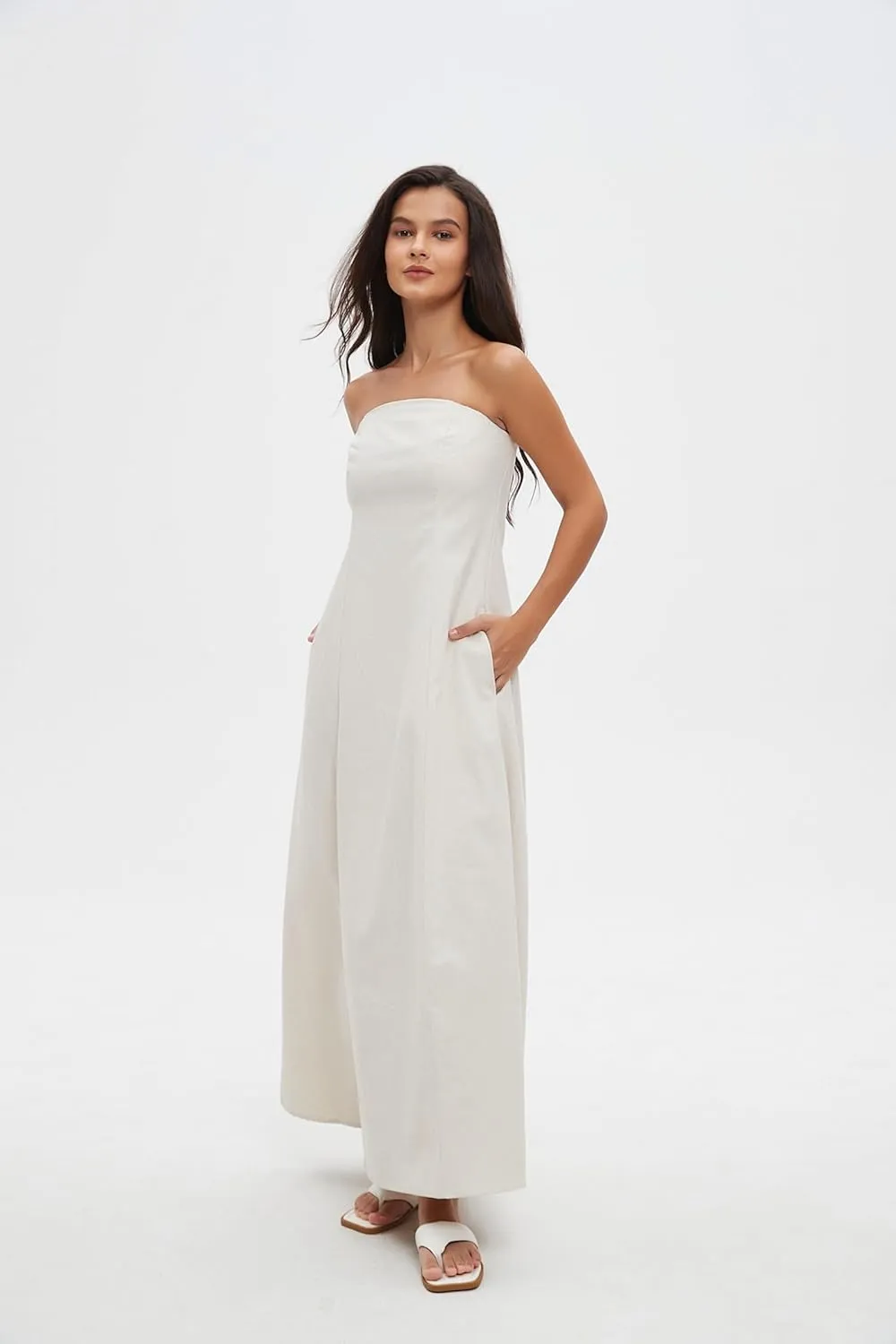 Sexy Bustier Maxi Dresses for Women  Elegant Casual Cotton Linen A-Line Strapless Dress for Vacation and Going Out