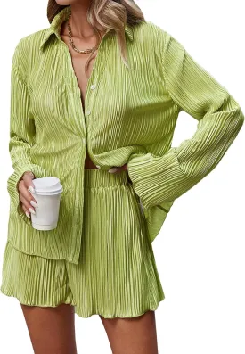SHENHE Women's 2 Piece Sets Dressy Plisse Bell Sleeve Button Down Shirt and Short Set Going Out