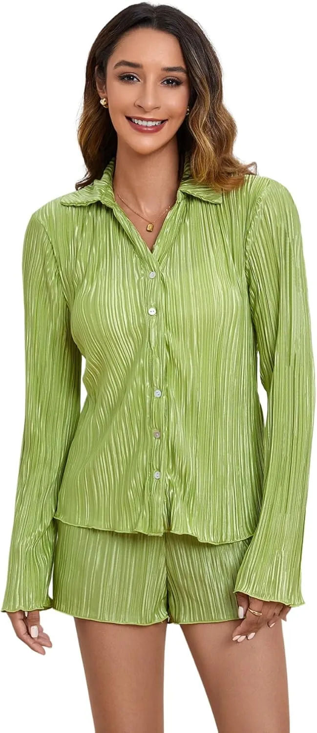 SHENHE Women's 2 Piece Sets Dressy Plisse Bell Sleeve Button Down Shirt and Short Set Going Out