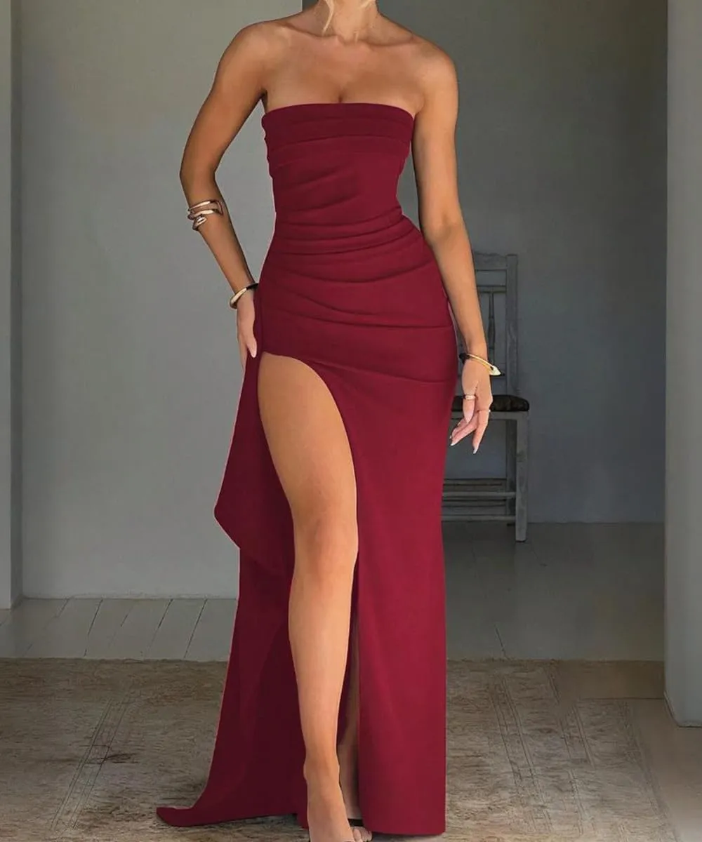 SKAYS Women's Strapless Maxi Dress Elegant Tube Top Formal Ruched Bodycon Wedding Guest Cocktail Summer Dress with Slit