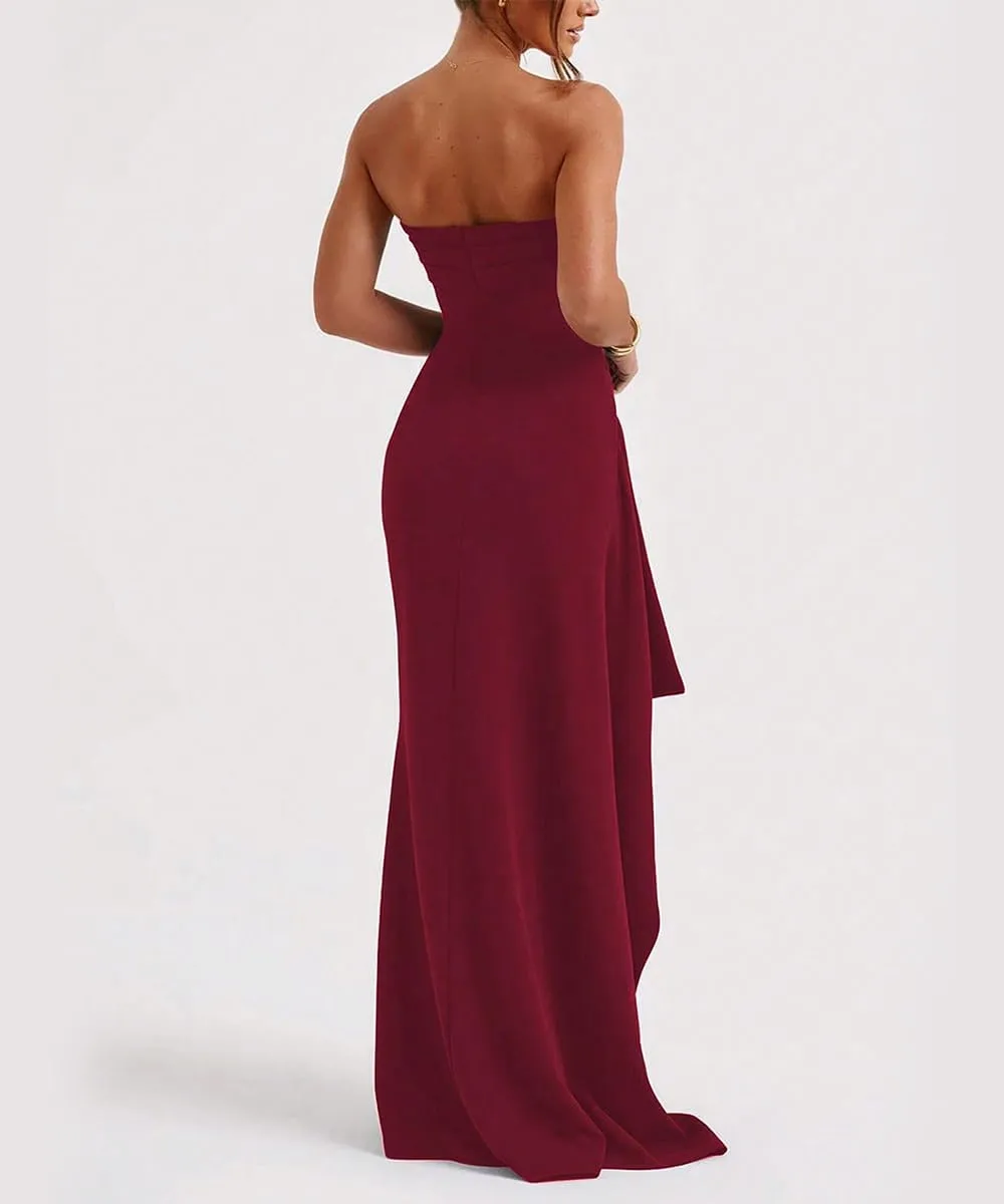 SKAYS Women's Strapless Maxi Dress Elegant Tube Top Formal Ruched Bodycon Wedding Guest Cocktail Summer Dress with Slit