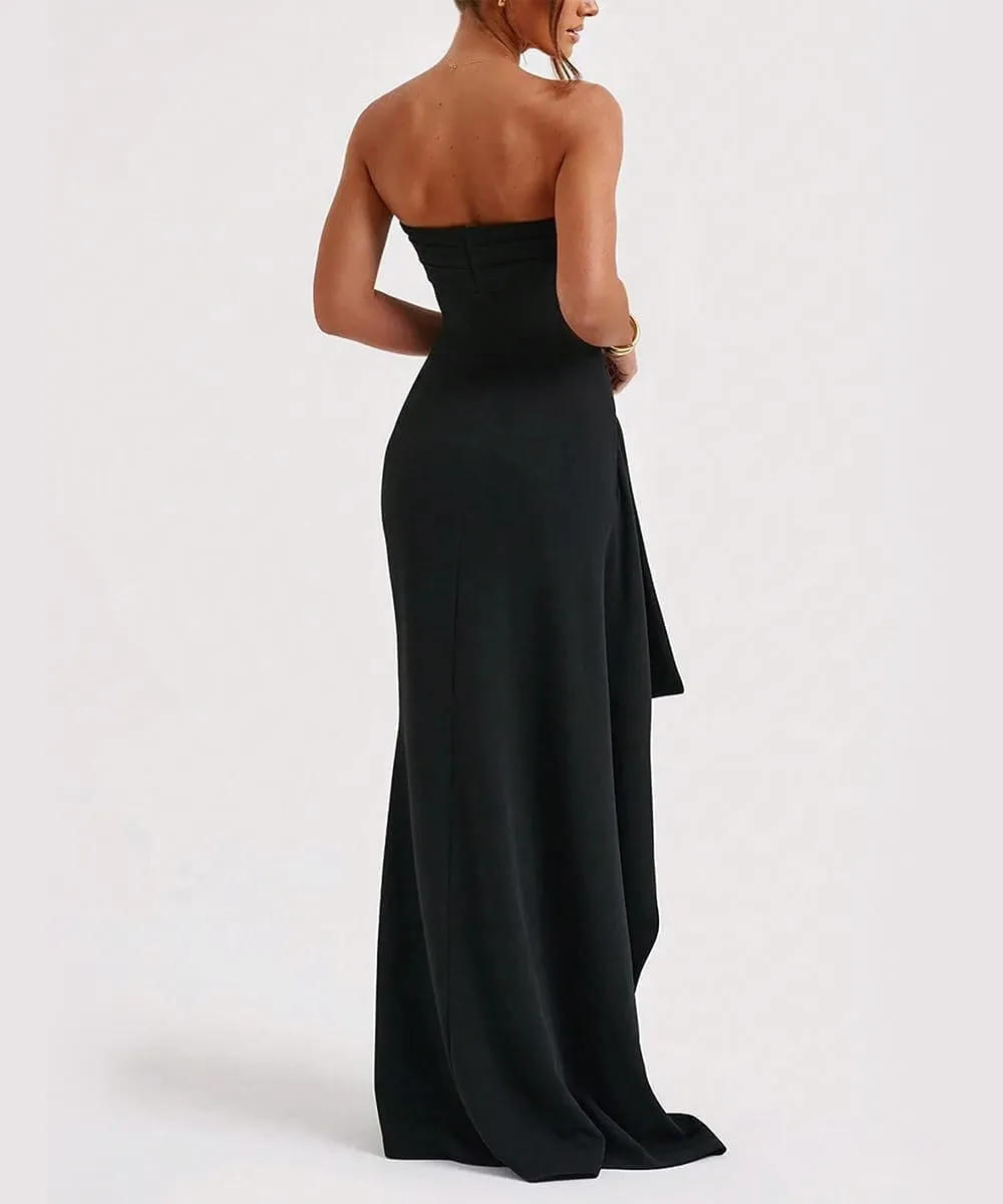 SKAYS Women's Strapless Maxi Dress Elegant Tube Top Formal Ruched Bodycon Wedding Guest Cocktail Summer Dress with Slit