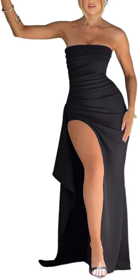 SKAYS Women's Strapless Maxi Dress Elegant Tube Top Formal Ruched Bodycon Wedding Guest Cocktail Summer Dress with Slit