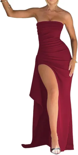 SKAYS Women's Strapless Maxi Dress Elegant Tube Top Formal Ruched Bodycon Wedding Guest Cocktail Summer Dress with Slit