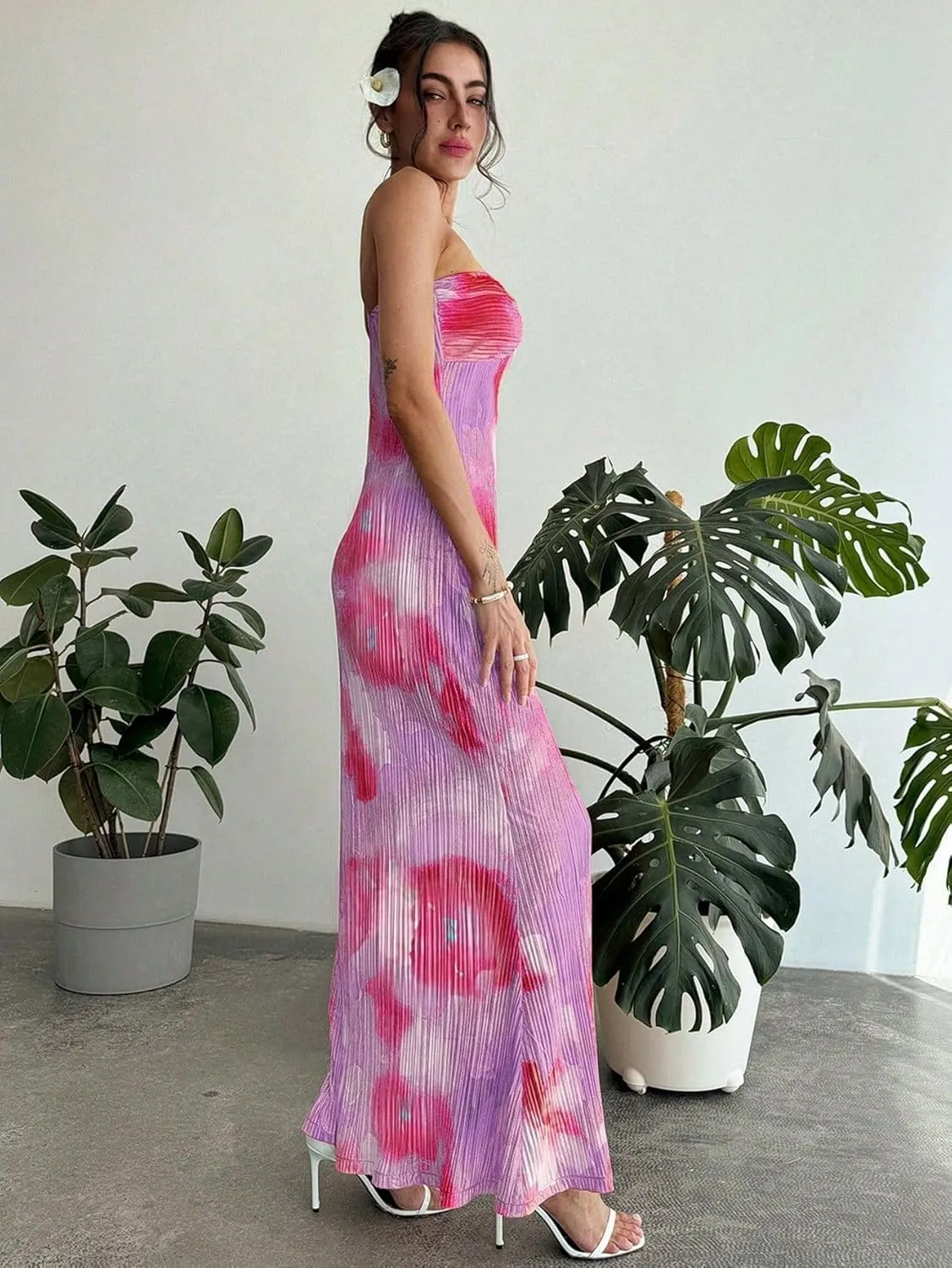 SKAYS Women's Summer Dress Strapless Tube Top Twisted Front Floral Maxi Dress Vacation Outfits Backless Casual Elegant Party