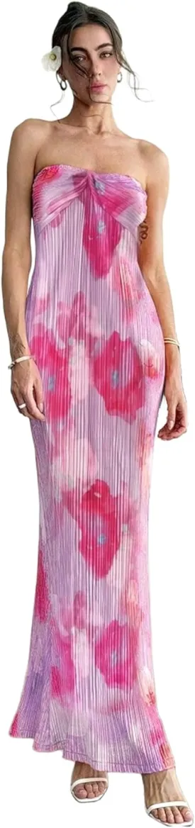 SKAYS Women's Summer Dress Strapless Tube Top Twisted Front Floral Maxi Dress Vacation Outfits Backless Casual Elegant Party