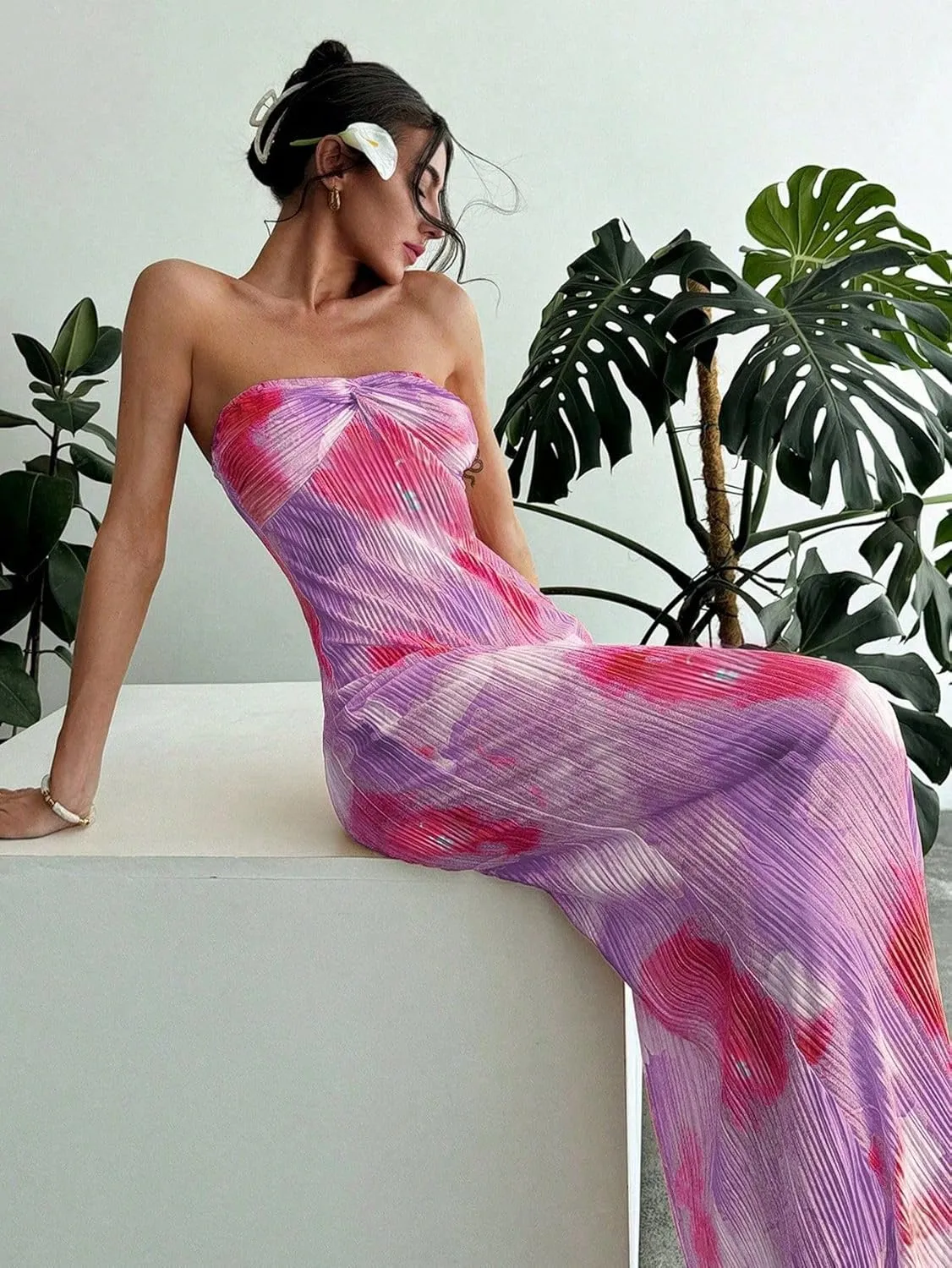 SKAYS Women's Summer Dress Strapless Tube Top Twisted Front Floral Maxi Dress Vacation Outfits Backless Casual Elegant Party
