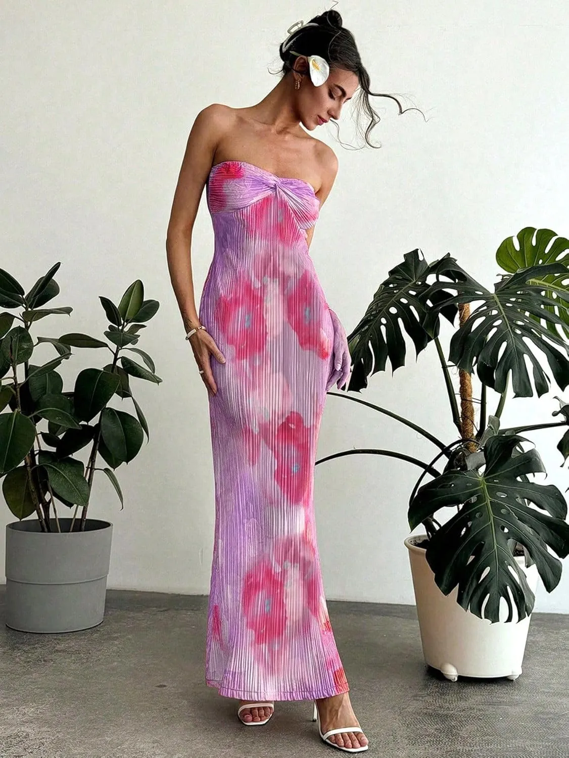 SKAYS Women's Summer Dress Strapless Tube Top Twisted Front Floral Maxi Dress Vacation Outfits Backless Casual Elegant Party