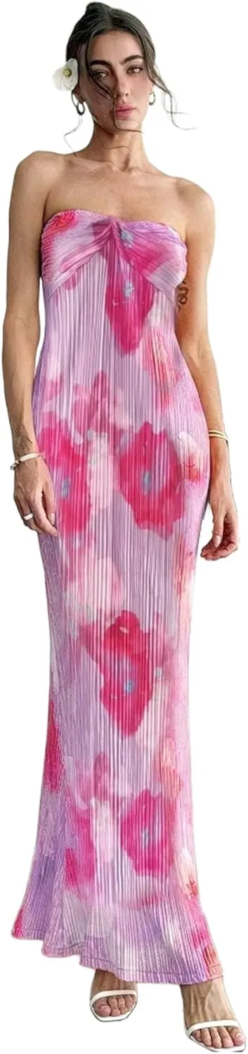 SKAYS Women's Summer Dress Strapless Tube Top Twisted Front Floral Maxi Dress Vacation Outfits Backless Casual Elegant Party