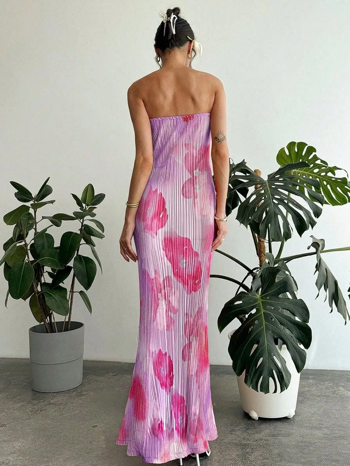SKAYS Women's Summer Dress Strapless Tube Top Twisted Front Floral Maxi Dress Vacation Outfits Backless Casual Elegant Party