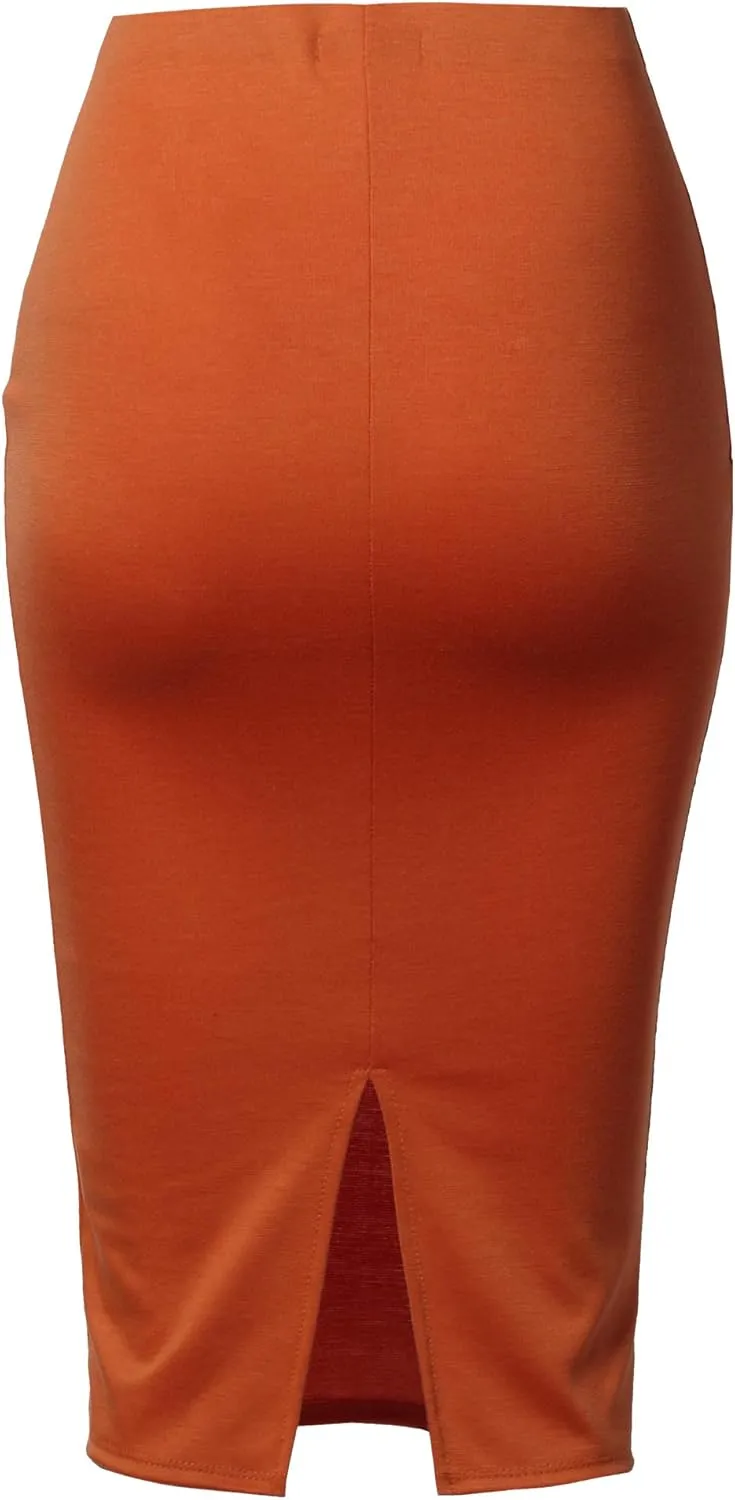 SSOULM Women's Work Office Stretchy Fitted Midi Pencil Skirt with Slit and Plus Size