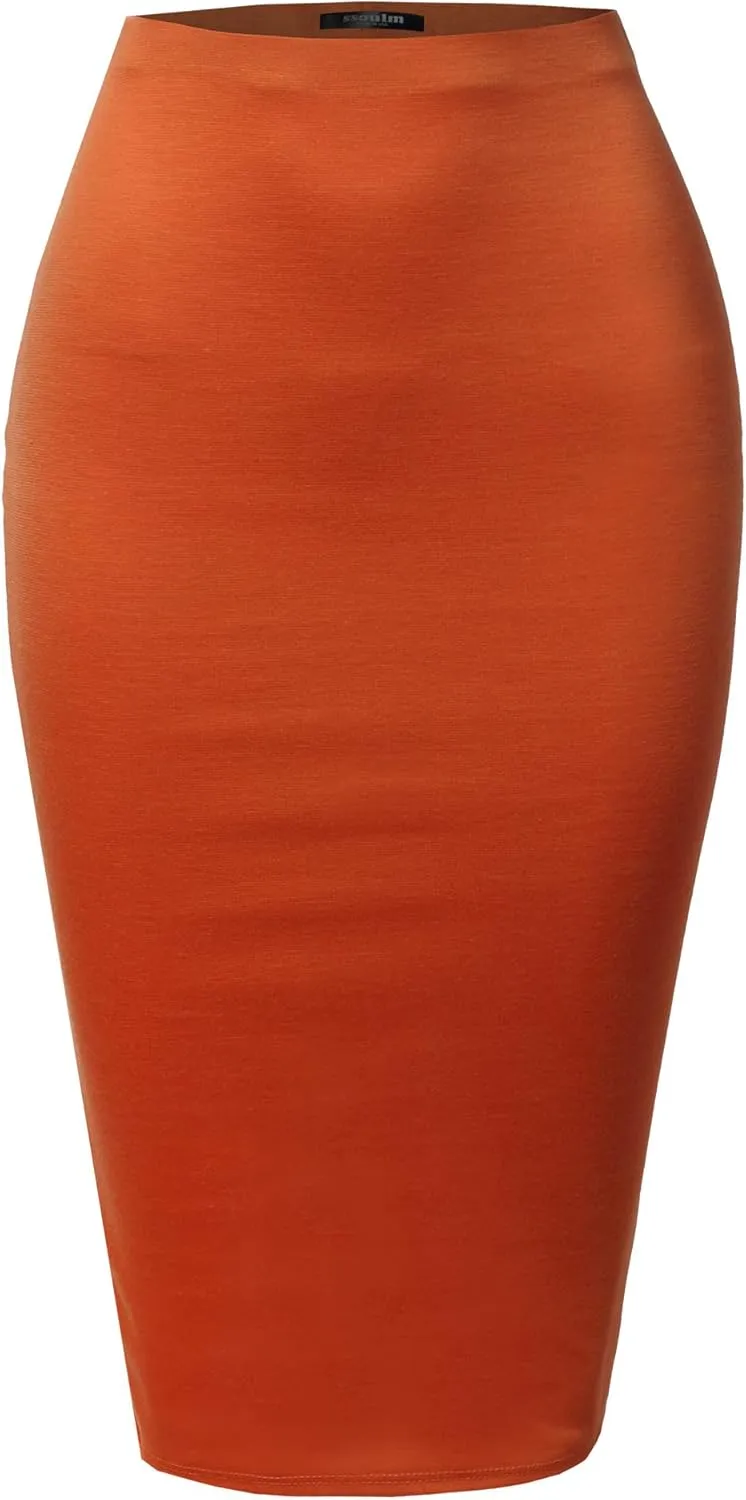 SSOULM Women's Work Office Stretchy Fitted Midi Pencil Skirt with Slit and Plus Size