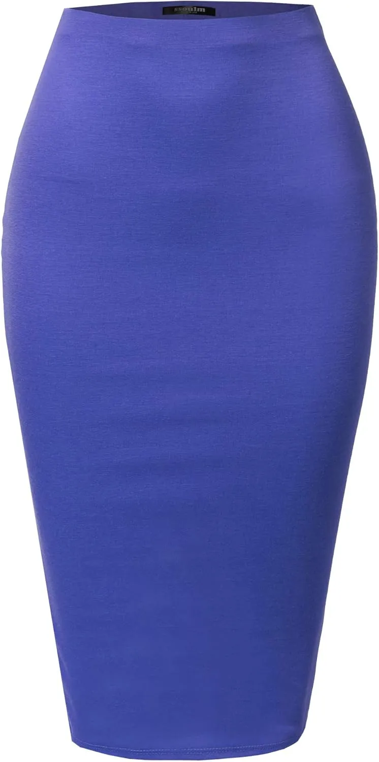 SSOULM Women's Work Office Stretchy Fitted Midi Pencil Skirt with Slit and Plus Size