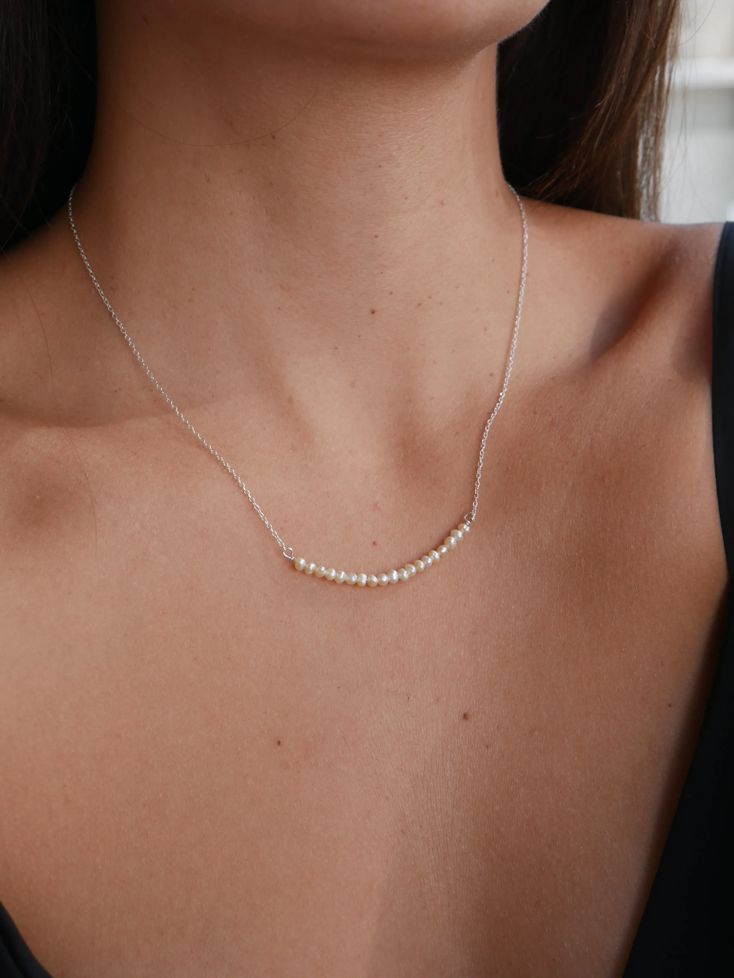 Strand of Freshwater Pearls on a Bar .925 Sterling Silver Waterproof Necklace