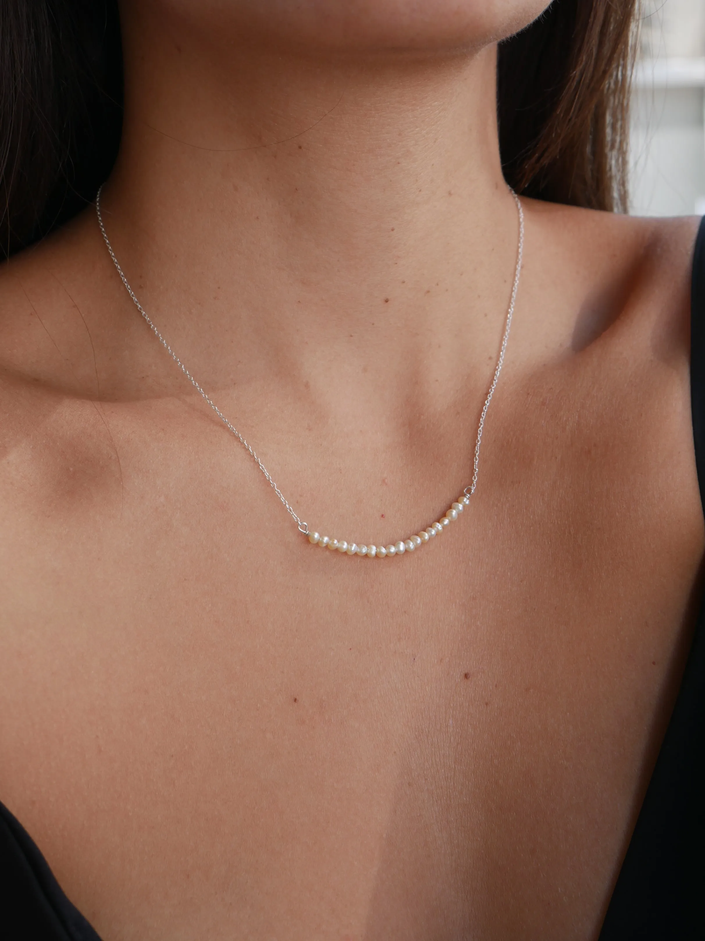 Strand of Freshwater Pearls on a Bar .925 Sterling Silver Waterproof Necklace