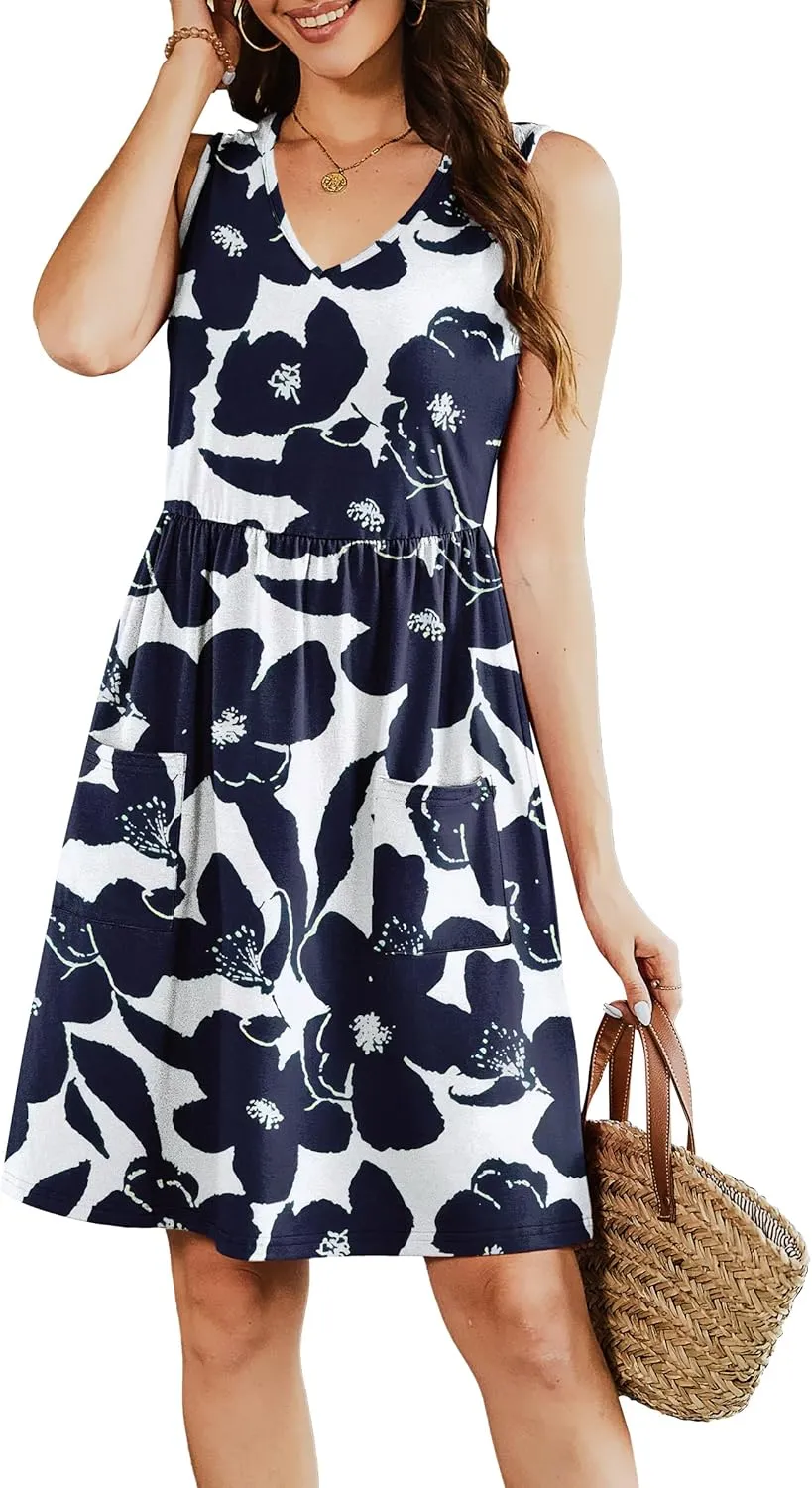 Summer Casual Midi Dresses for Women 2025 Vacation- Womens Sleeveless Knee Length Sundress with Pockets Loose Fit