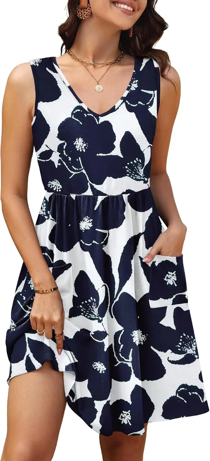 Summer Casual Midi Dresses for Women 2025 Vacation- Womens Sleeveless Knee Length Sundress with Pockets Loose Fit