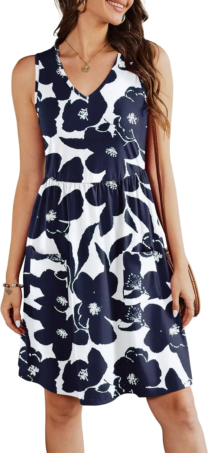 Summer Casual Midi Dresses for Women 2025 Vacation- Womens Sleeveless Knee Length Sundress with Pockets Loose Fit