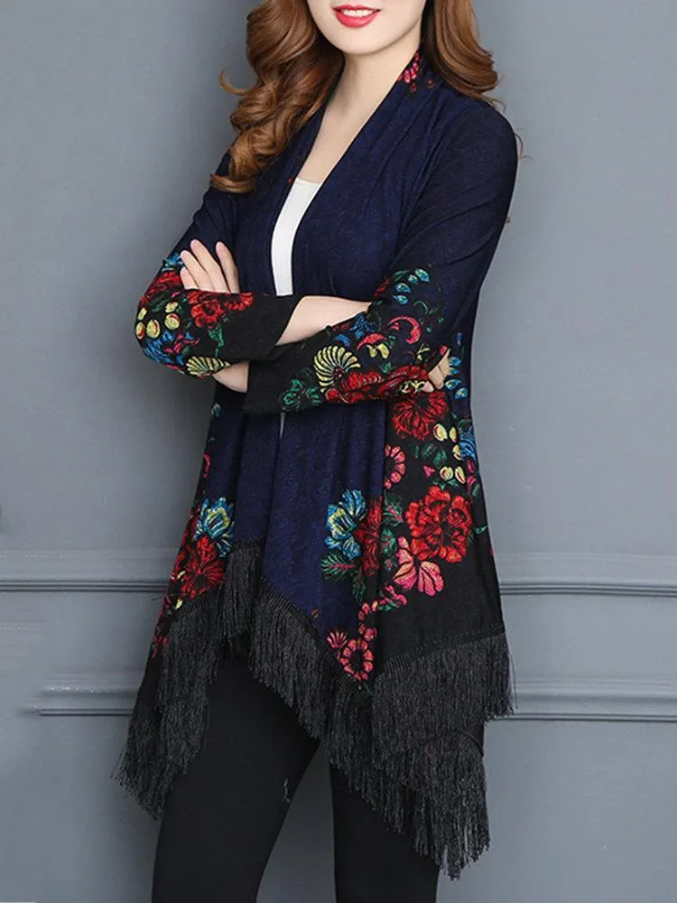 Vintage Printed Tassel Cardigan Shawl For Women