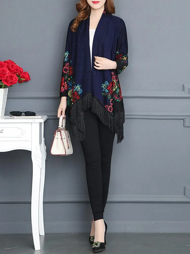 Vintage Printed Tassel Cardigan Shawl For Women