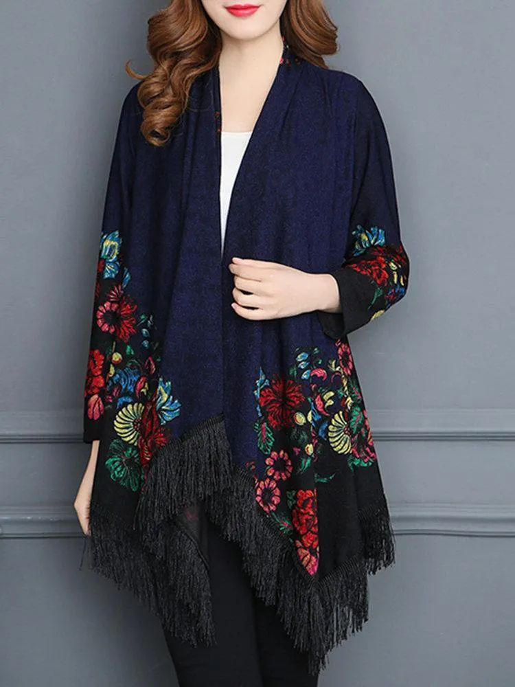 Vintage Printed Tassel Cardigan Shawl For Women