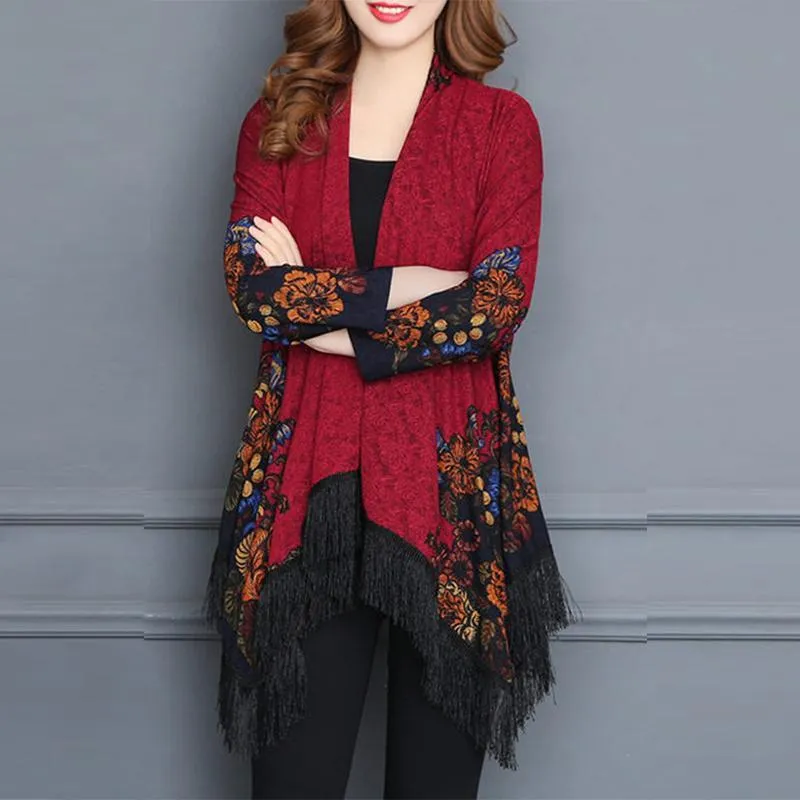 Vintage Printed Tassel Cardigan Shawl For Women