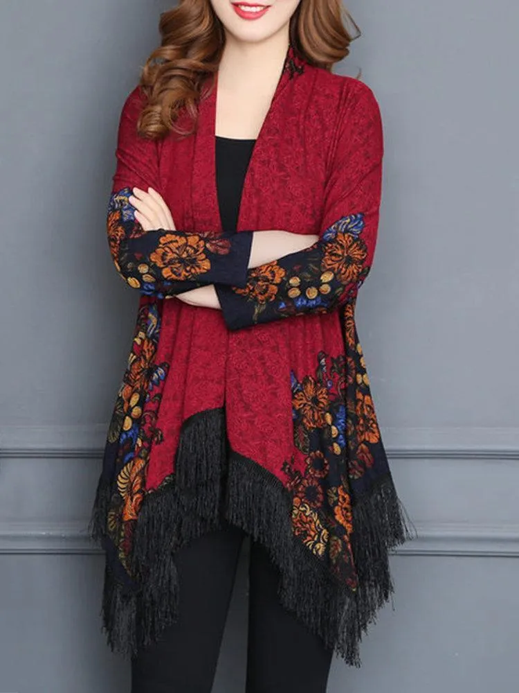 Vintage Printed Tassel Cardigan Shawl For Women