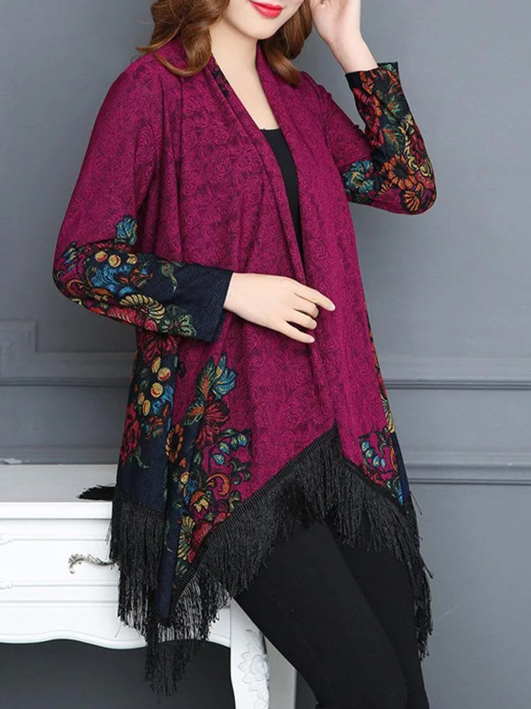 Vintage Printed Tassel Cardigan Shawl For Women