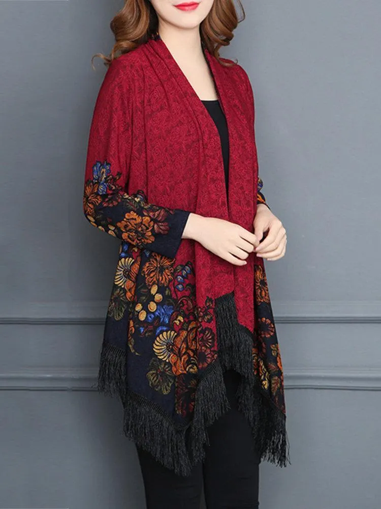 Vintage Printed Tassel Cardigan Shawl For Women