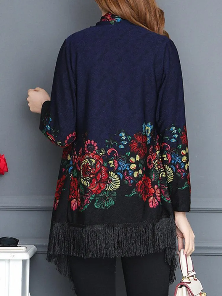 Vintage Printed Tassel Cardigan Shawl For Women