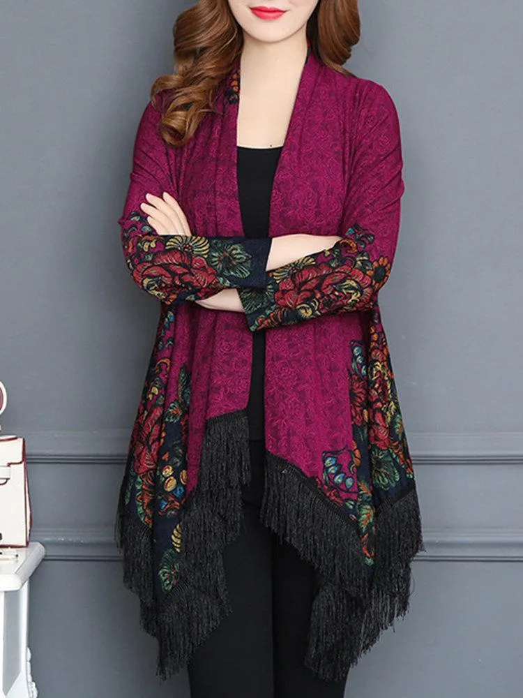 Vintage Printed Tassel Cardigan Shawl For Women