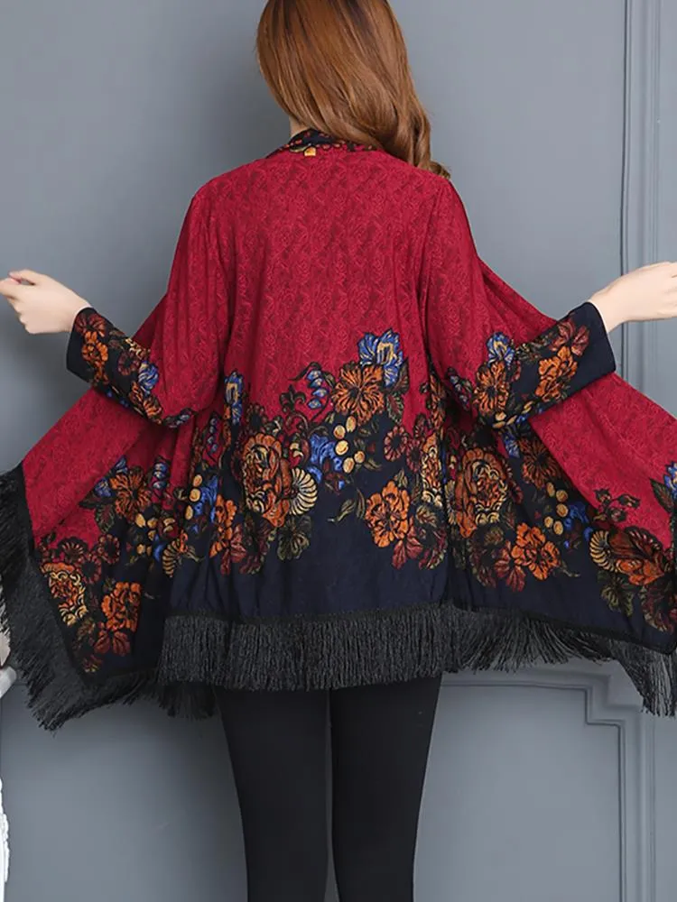 Vintage Printed Tassel Cardigan Shawl For Women