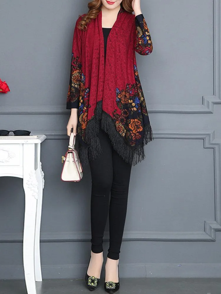 Vintage Printed Tassel Cardigan Shawl For Women