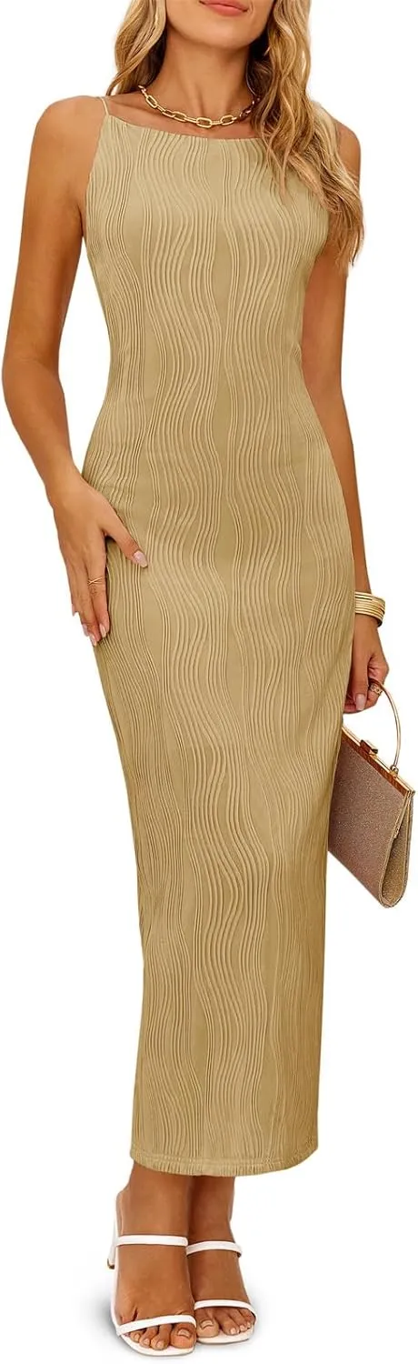 Wenrine Womens Sleeveless Maxi Dress Summer Backless Spaghetti Strap Textured Slit Bodycon Elegant Cocktail Dress