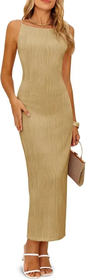 Wenrine Womens Sleeveless Maxi Dress Summer Backless Spaghetti Strap Textured Slit Bodycon Elegant Cocktail Dress