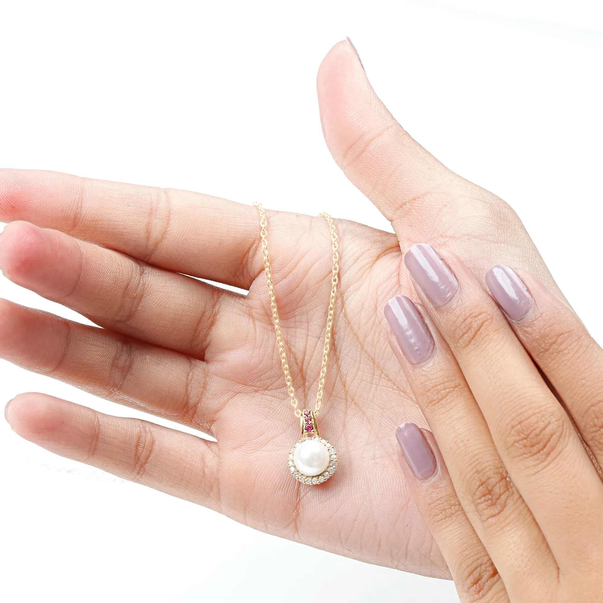 White Pearl Drop Pendant Necklace with Ruby and Diamond
