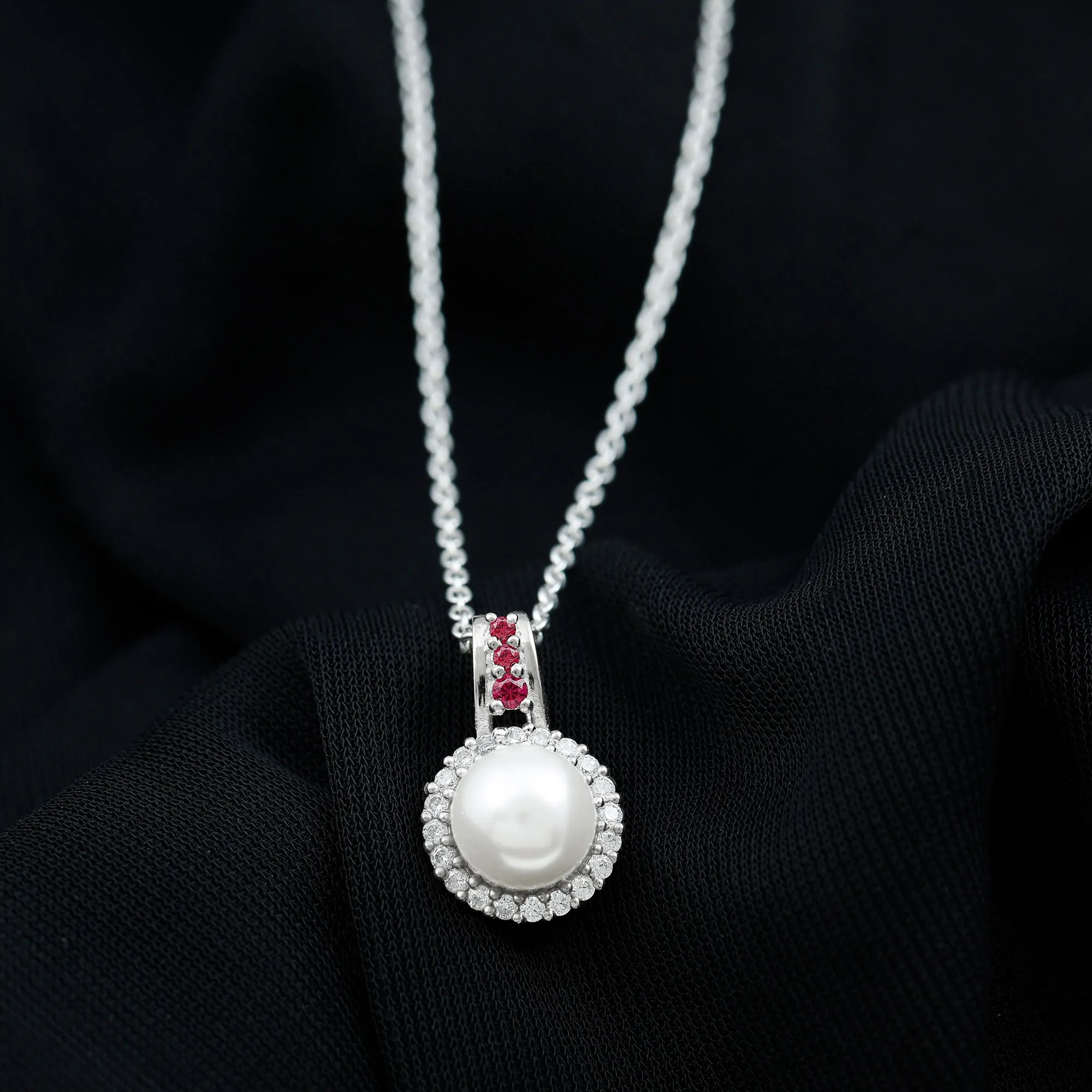 White Pearl Drop Pendant Necklace with Ruby and Diamond