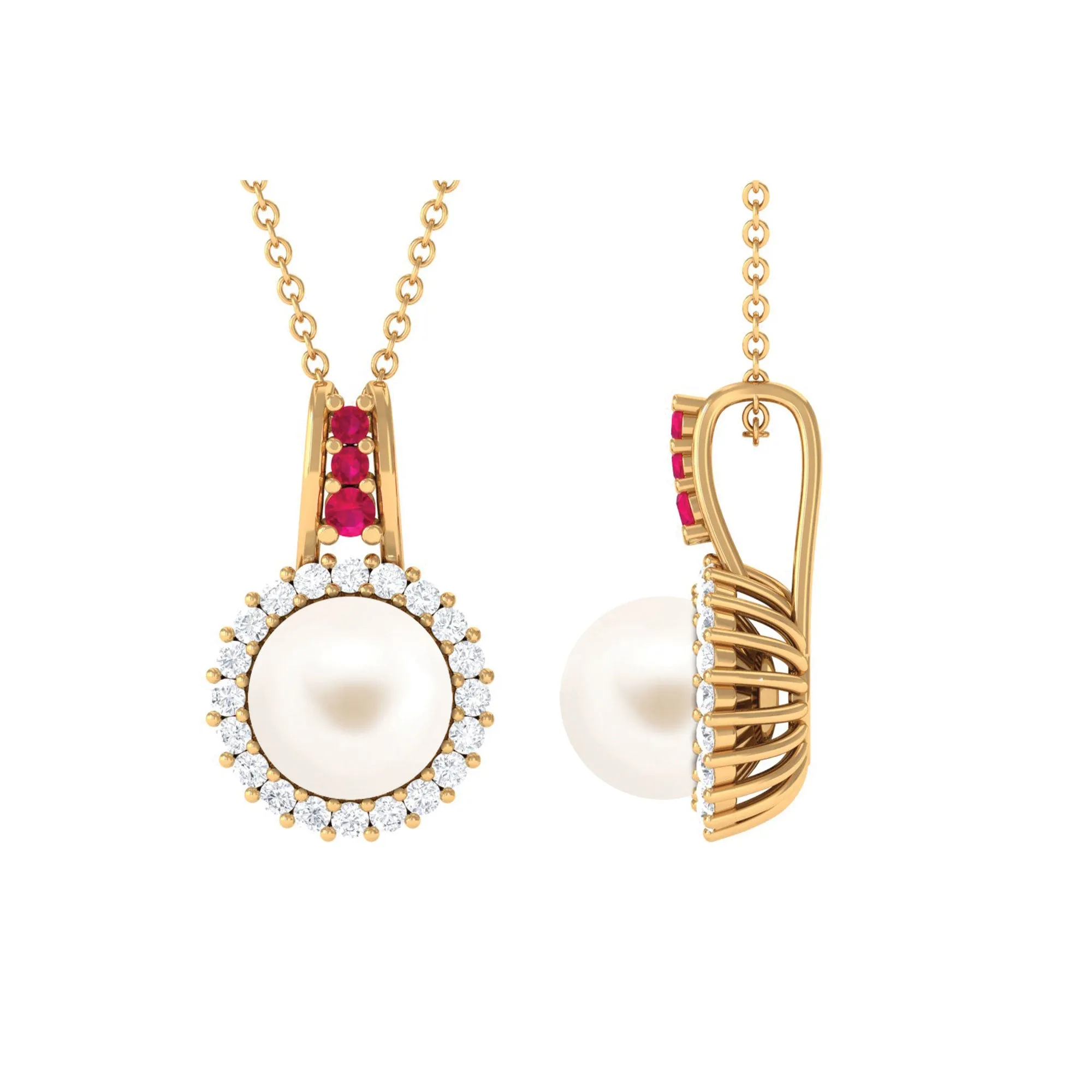 White Pearl Drop Pendant Necklace with Ruby and Diamond