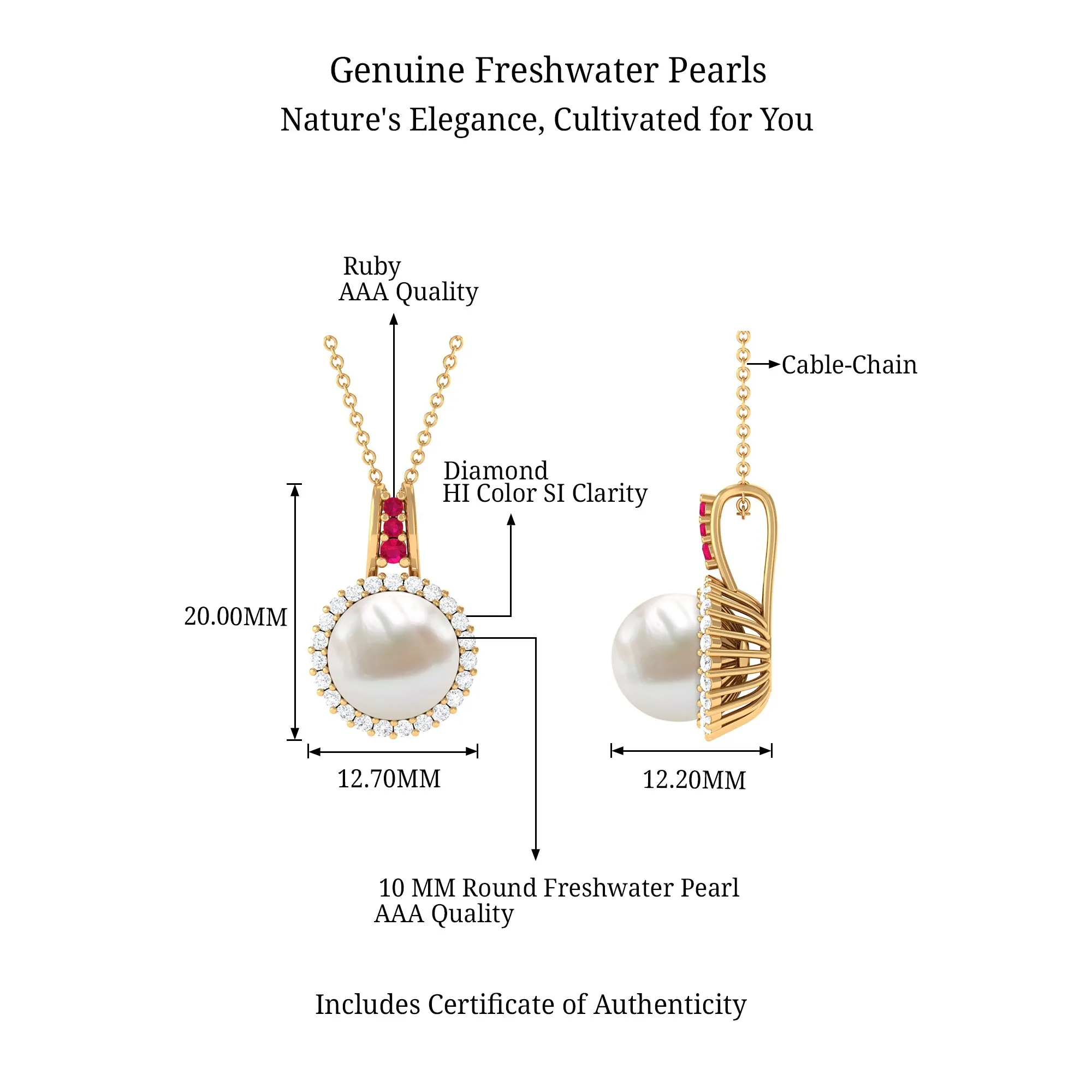 White Pearl Drop Pendant Necklace with Ruby and Diamond