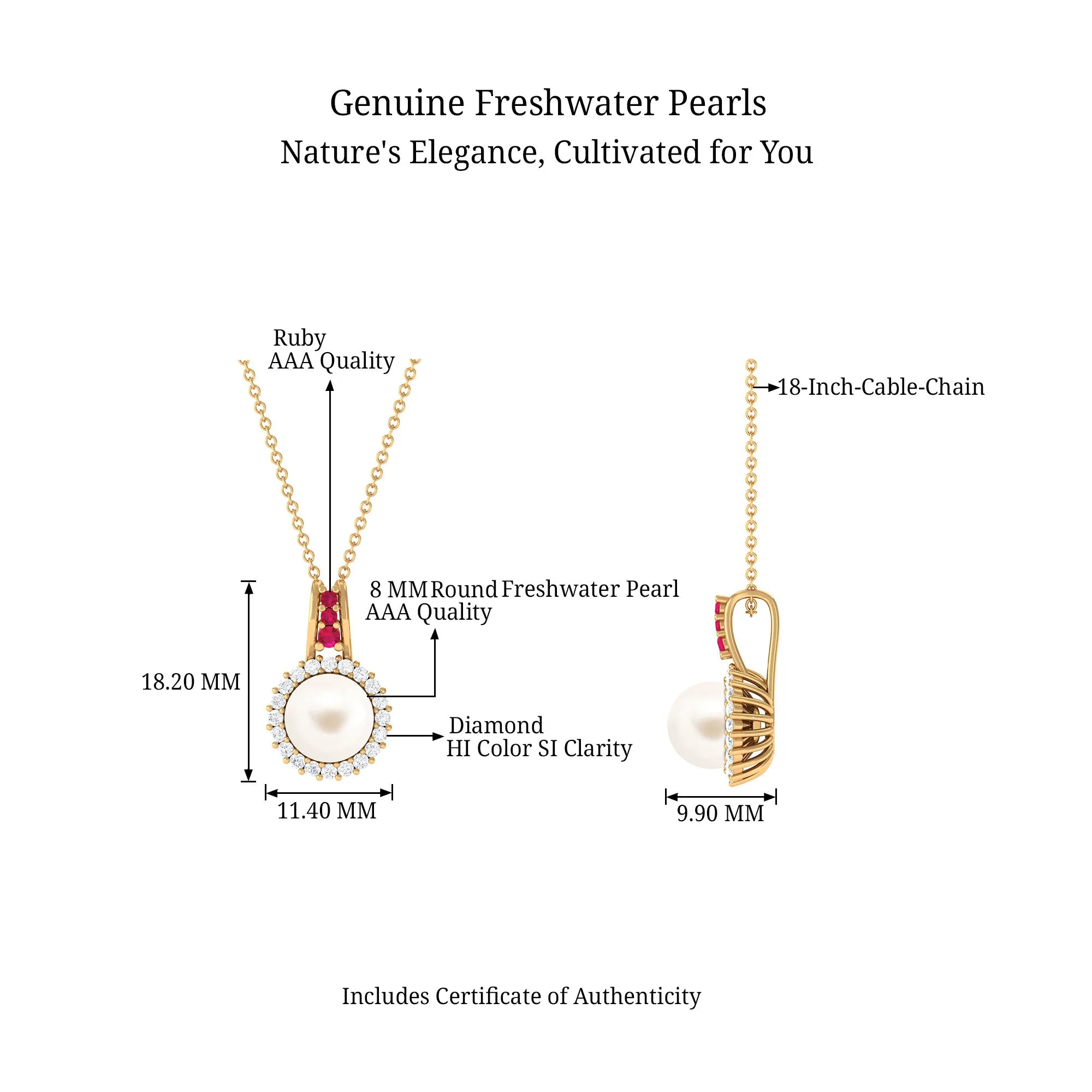White Pearl Drop Pendant Necklace with Ruby and Diamond