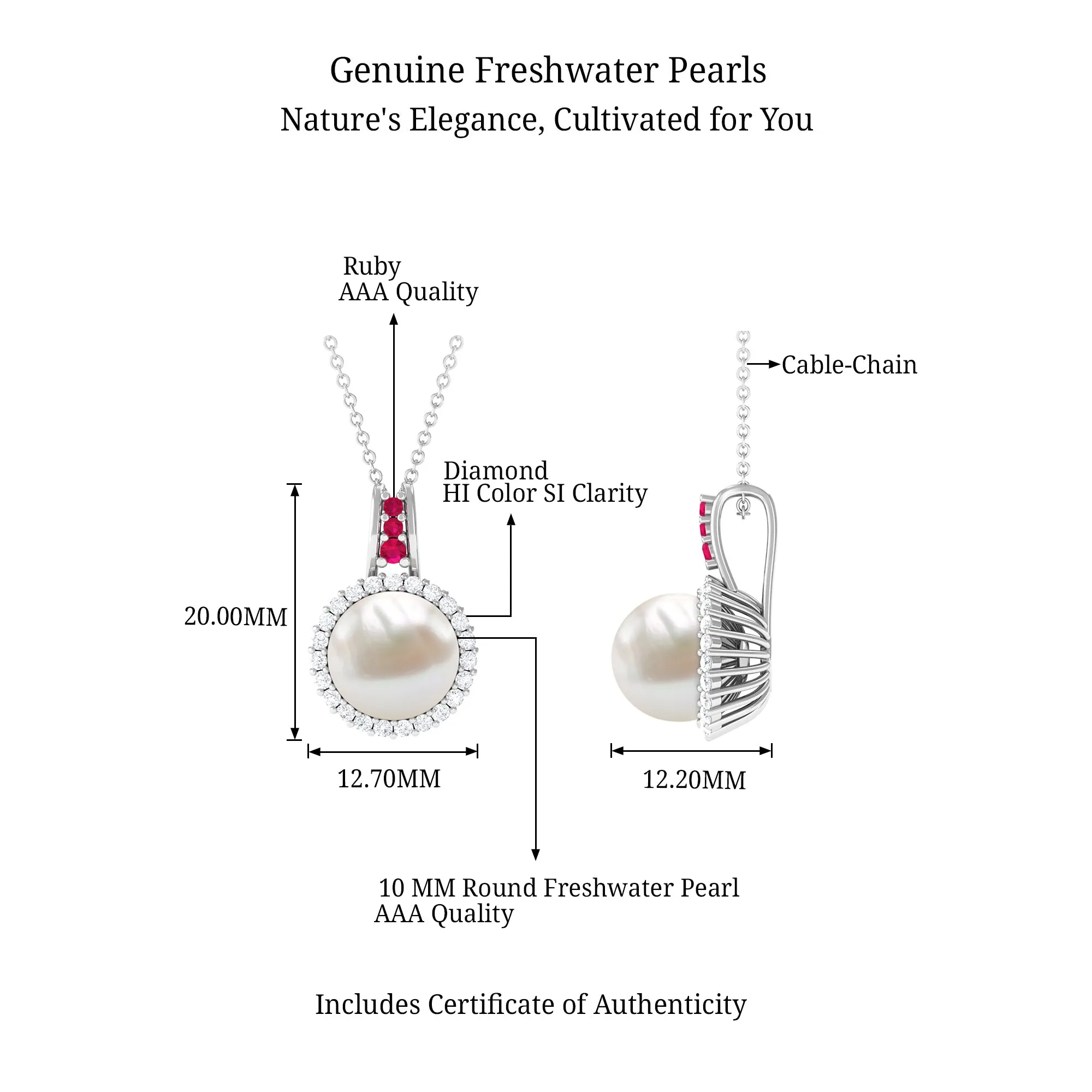 White Pearl Drop Pendant Necklace with Ruby and Diamond