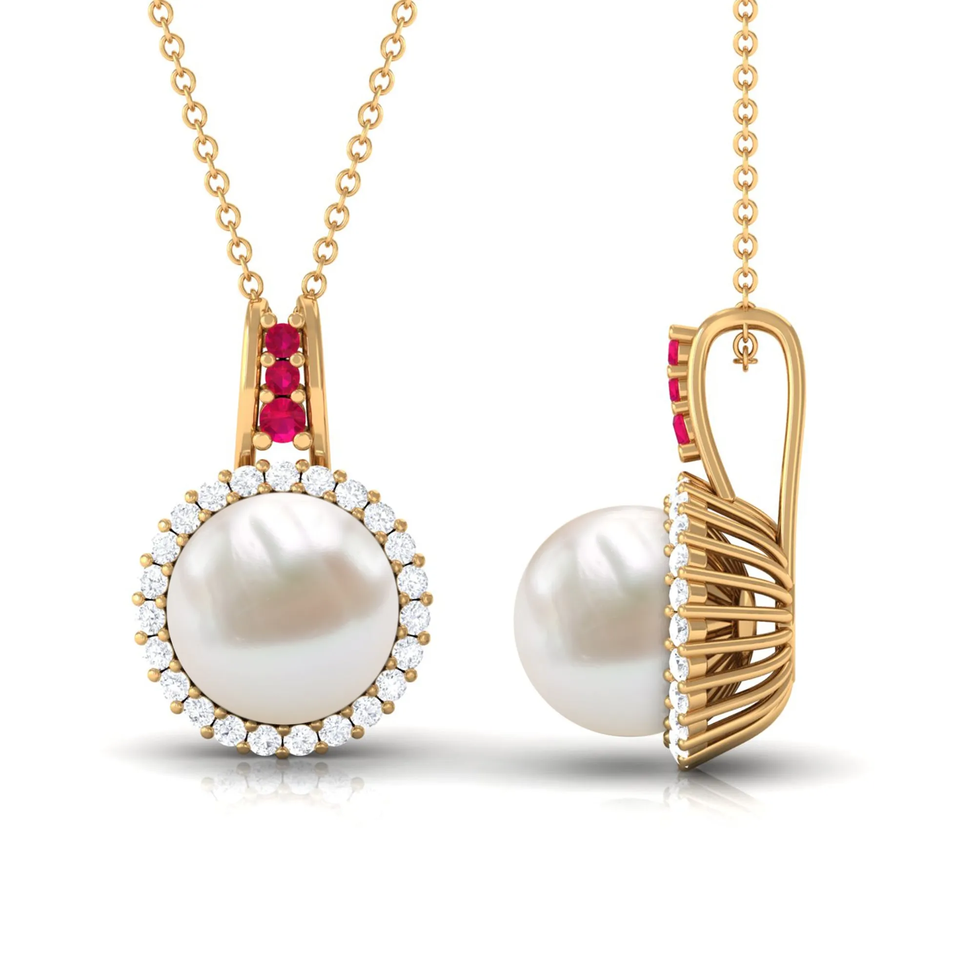 White Pearl Drop Pendant Necklace with Ruby and Diamond